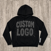 Sweat à capuche noir personnalisé pour homme avec lettres en strass sur le devant, manches texturées, style streetwear, OEM ODM