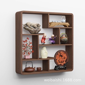 Estante de pared de madera maciza estilo chino con múltiples compartimentos para exhibir té, ideal para la decoración de la sala de té. - Product Image 3