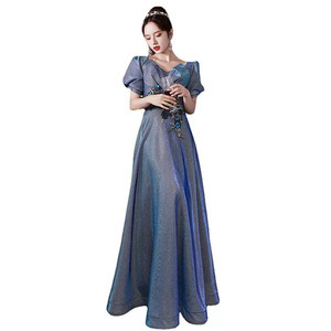 Evening Dress V-Neck A-Line Blue Satin Floral Print Natural Waistline Polyester Fabric - Product Image 5