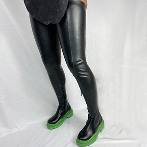 Stretch Platform Side Zipper Shoes Round Toe Over Knee High Women Flat Long <b>Boots</b> PU Upper Thigh High Booties for Ladies - Product Image 1