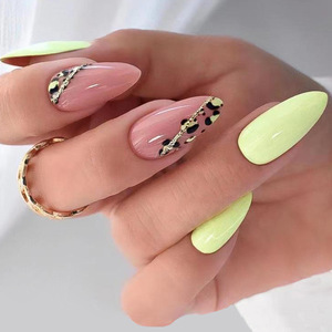 Faux ongles à presser Spring Vibe, forme amande avec imprimé léopard vert néon rose nude et accents dorés, ongles artificiels brillants réutilisables - Product Image 1