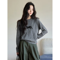 Pull en cachemire personnalisé à col rond et manches longues, imprimé animal, avec logo sur le devant, pour femme, hiver, gris haut de gamme