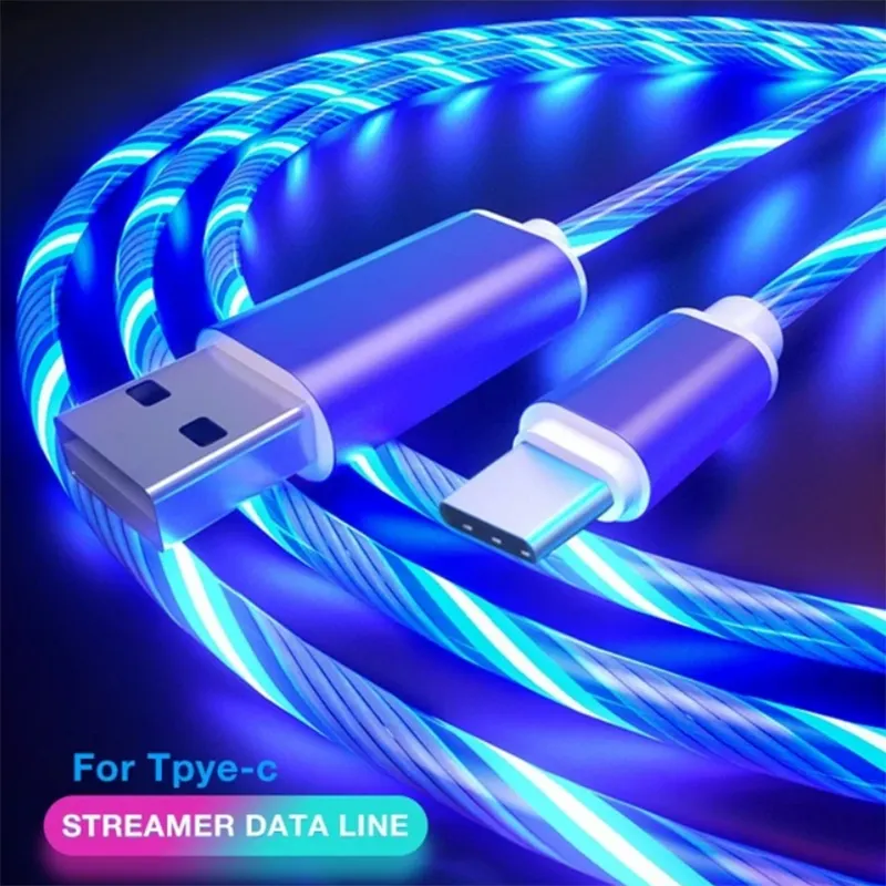 1M Glow Flowing Charger USB Cable LED light Micro USB Type C Charge Kable For Samsung Galaxy S8 S9 A50 A70 Mobile Phone Charging