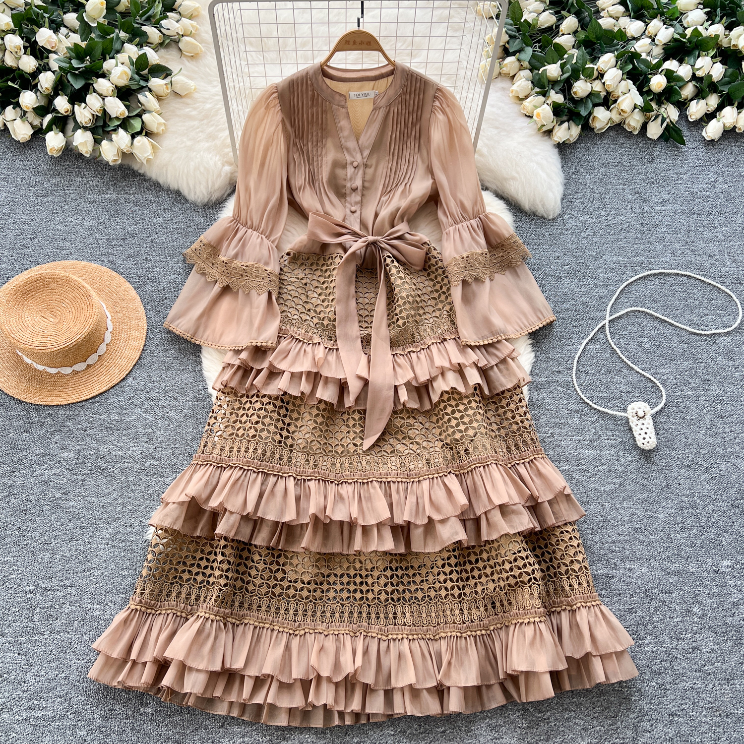 New Hollow-Out Ruffle Layered Flared Sleeve Dress for Women Elegant Women'S  Dresses Luxury Women'S Elegant Dress| Alibaba.com