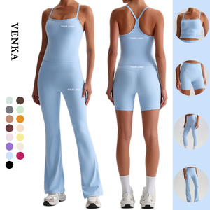 Factory Custom Sportswear Women Sports Gym Wear Tights Crop Top High Waist Shorts <strong>Leggings</strong> <strong>Flared</strong> Ladies Workout Yoga Set - Product Image 1