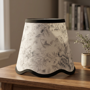 Premium Cotton Floral <b>Lampshade</b> | Vintage <b>Grey</b> & White Botanical Printed Fabric Shade with Scalloped Wave Edge & Black Trim - Product Image 1