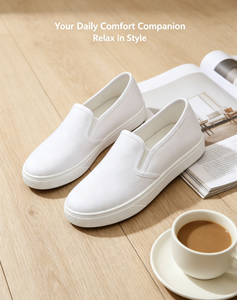 White Canvas Slip On Sneakers Breathable Casual Vulcanized Shoes Round Toe Low <b>Top</b> <b>Walking</b> Footwear - Product Image 4