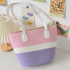 Women's Woven Tote Bag Horizontal <b>Square</b> Bohemian Summer Beach Bag Large Capacity Cotton Striped Design - Product Image 4
