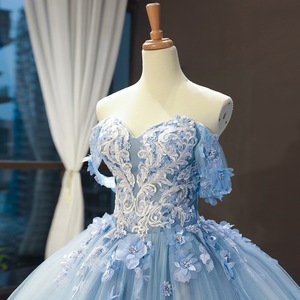 Blue Off-Shoulder Ball Gown Wedding Dress With Floral Embroidery Princess Silhouette Sweetheart Neckline Long Train - Product Image 2