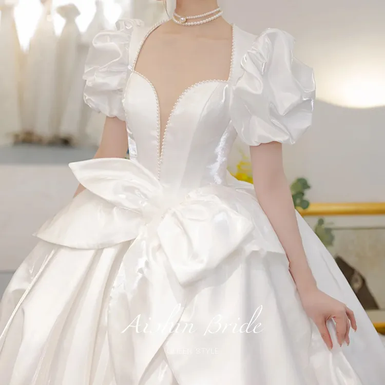 2022 robe de marie new bride court style luxury rustic puff sleeve princess trailing satin prom wedding dress for bride