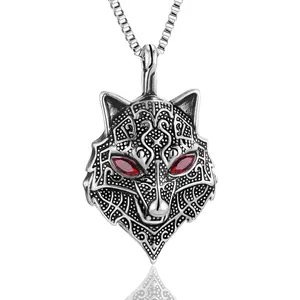 Stainless Steel Vintage Punk Jewelry For Men Gemstone Eyes Hip-hop North Viking Wolf Pendant Necklace