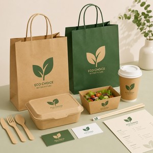 Ensemble d'emballages alimentaires biodégradables écologiques personnalisés, sacs en papier kraft et boîtes à salade pour la <span class=keywords><strong>livraison</strong></span> de repas verts dans les restaurants - Product Image 4