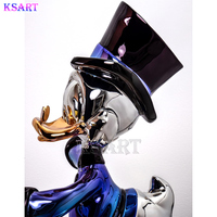 Sculpture en résine de fibre de verre colorée électroplaquée Donald Duck, sac d'argent dollar haut de gamme, modèle artistique peint à la main, personnalisable Ksart