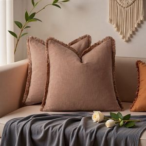 Funda de Almohada Decorativa con Flecos 100% Algodón Puro Lavado |   Funda de Cojín para Sofá de 4 Piezas, Color Sólido Neutro, Estilo Wabi Sabi, con Bordes Deshilachados - Product Image 2