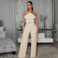 Ensemble décontracté d'été deux pièces pour femme : haut court bustier à motif floral et pantalon large uni