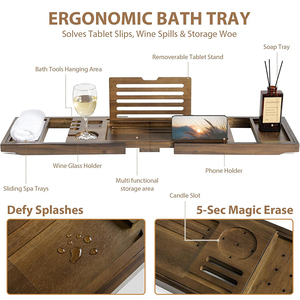 Plateau <span class=keywords><strong>de</strong></span> bain extensible en bois <span class=keywords><strong>de</strong></span> teck <span class=keywords><strong>de</strong></span> qualité supérieure avec support pour tablette et vin et fente pour téléphone pour spa professionnel à domicile - Product Image 2