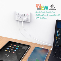 Prise murale australienne approuvée SAA avec 2 ports USB-A + 1 port USB-C, 10A, matériaux cuivre et ABS, 2 prises