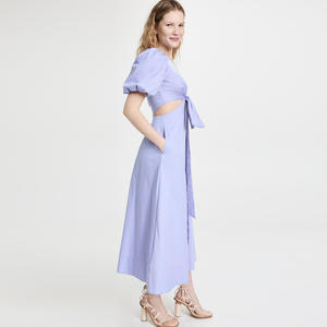 חדש אופנה נשים מקרית v צוואר אלסטי פאף קצר שרוול חלול החוצה תחרה עד כיס כותנה רקום שמלה - Product Image 4