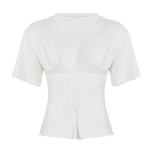 Camiseta Casual de Punto con Cuello en V, Color Sólido, Estampado Digital, Corte Ajustado, Elegante, Manga Corta, Top de Verano - Product Image 6