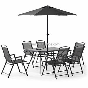 Venta al por mayor al aire libre ocio <span class=keywords><strong>mesa</strong></span> de comedor conjunto de 6 plazas 8 piezas mesas y sillas de cafetería con sombrilla con paraguas - Product Image 1