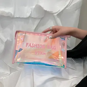 Bolsa de cosméticos holográfica, bolsa de armazenamento de pvc transparente, portátil, de grande capacidade, para viagens, maquiagem, vaso sanitário