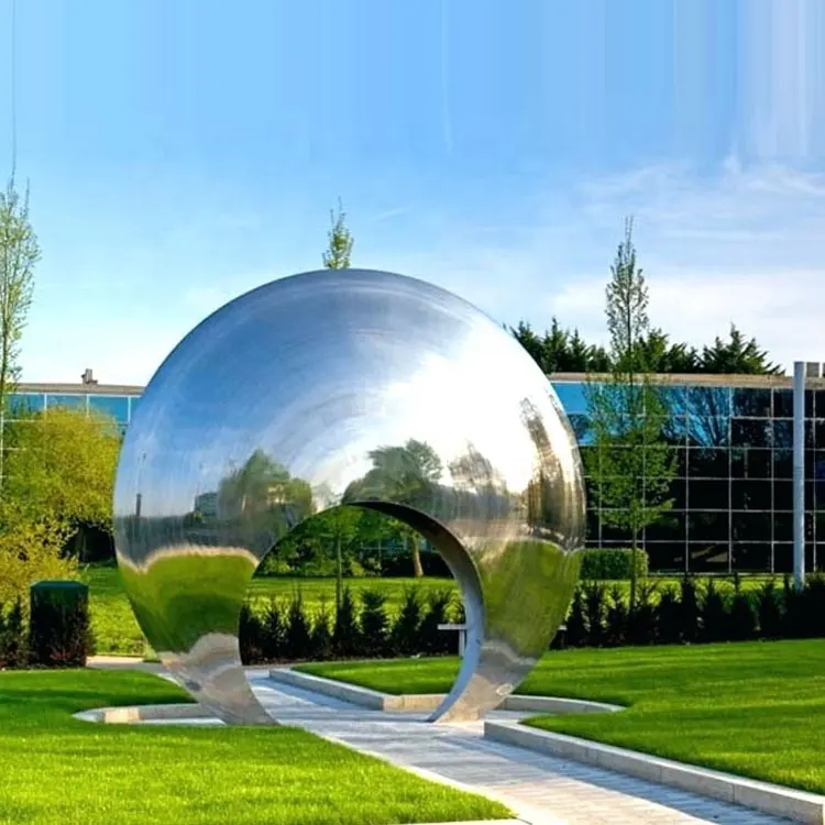 Espelho de decoração moderna de jardim, grande espelho polido de aço inoxidável abstrato de escultura ao ar livre