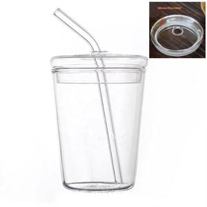 Заводская оптовая продажа стеклянная чашка для сока кофе милый клубничный узор чашка с соломой и крышкой - Product Image 5