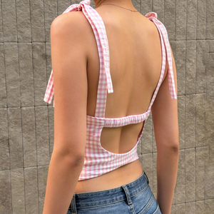Camisola Y2K a cuadros con lazo en la espalda para mujer, top corto sexy con cordones para verano, atuendo de vacaciones, venta al por mayor - Product Image 5