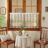 Rideau de porte moderne en polyester, transparent, à broderie pastorale transfrontalière, dentelle florale, voile court demi-transparent, personnalisé, couleur café