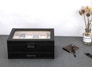 Hai Lớp sợi da đồ trang sức đồng hồ trường hợp kính nắp kính mát đặt hộp quà tặng hộp đồng hồ với ngăn kéo - Product Image 6