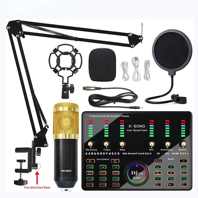 BM800 Microphone DJ10 Sound Card Studio Streaming Gaming Mic DJ Karaoke Home Audio Sound System Microphone for Phone PC