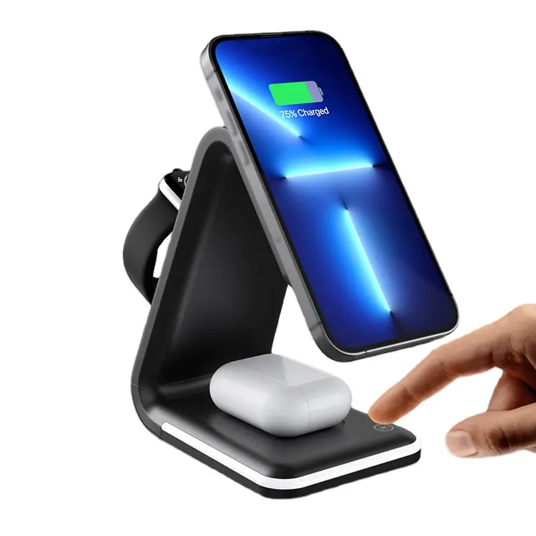 Soporte de teléfono Qi, Cargador rápido inalámbrico, cargador de luz Led, 3 en 1, para Iphone Watch