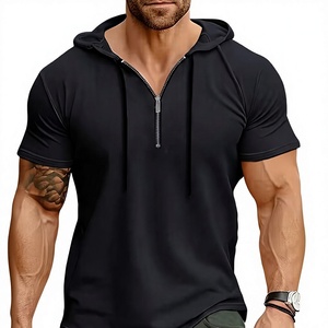 T-shirt à manches courtes à capuche pour homme, couleur unie, tricoté, coupe classique, séchage rapide, respirant, polyester/coton écologique, décontracté - Product Image 1