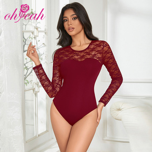 女性用黒ボディコンボディスーツ無地カラースクエアネックタンクトップ長袖オープンクロッチメッシュレースホロー - Product Image 5