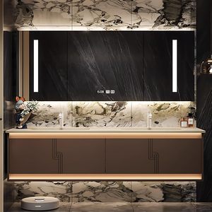 Meuble-lavabo mural double vasque marron style minimaliste avec vasque intégrée sans joint et armoire miroir LED intelligente - Product Image 1