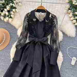 Vestido Midi Casual de Verano para Mujer, Estilo Vintage, Tejido con Estampado Digital, Cuello Polo, Cintura Imperio, Manga Larga, Silueta en A - Product Image 4