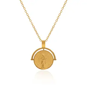 Kalung liontin cakram bahan baja tahan karat kalung koin busur Romawi dapat diukir emas 18K untuk anak perempuan