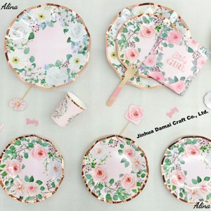 Articles de fête pour bébé fille DAMAI, vaisselle jetable rose et blanche à fleurs pour anniversaire, décoration de table, serviettes en papier, gobelets, assiettes - Product Image 1