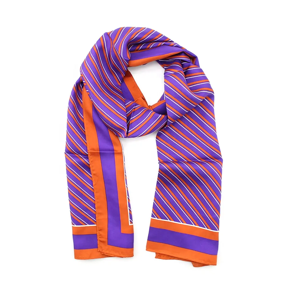 China Supplier Long Wholesale Custom Logo School College Mens Ladies 100% Silk Twill Stripe Purple Block Print Scarves For Women