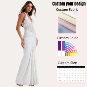 <span class=keywords><strong>Robe</strong></span> longue élégante blanche pour femme, dos nu en V profond, en maille noire froncée, style halter, pour soirée, cocktail, été - Product Image 1