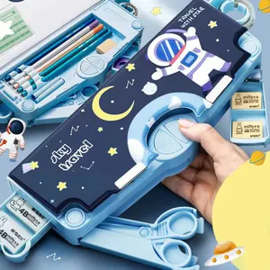 Wholesale School Children Kids Cartoon Cute Plastic Multifunctional Blue Astronaut Magnetic Pencil Case For Girls Boys