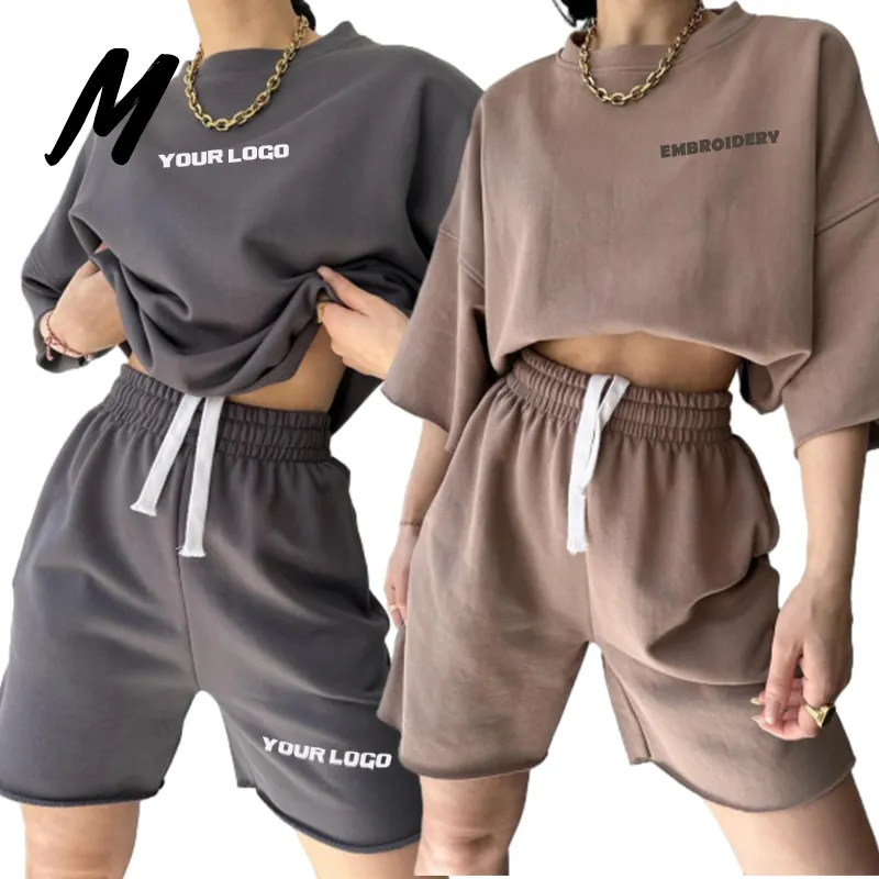 Custom Logo Crewneck Cotton Sweatshirt And Shorts Set Drop Shoulder T-shirts Matching Two Piece Set Women Clothing 2024 Summer