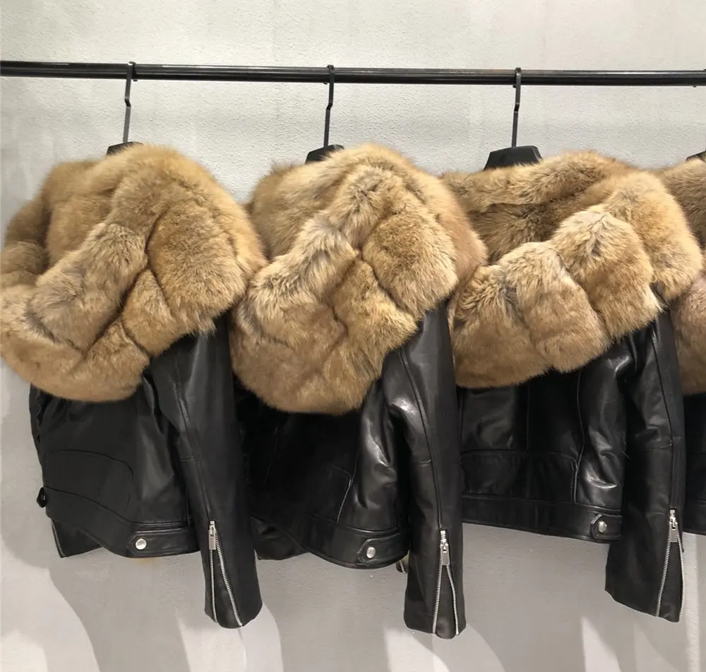 high-end shopping mall winter custom big fox fur trimmed jacket sheepskin leather luxury womens coats fur hooded