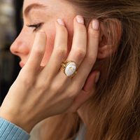Bague vintage géométrique à ouverture coquillage avec pierre précieuse, en acier inoxydable plaqué or 18 carats, motif étoile à huit branches, bijou tendance et audacieux
