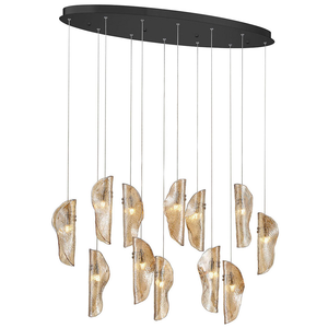 Lustre en verre ovale en spirale de luxe avec éléments en forme de feuilles en cascade, tons transparents or/argent, hauteur réglable, pour la maison ou le bureau - Product Image 5
