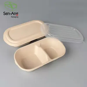 SenAng03 Fabrik Direkt verkauf Geteilte Bagasse Tablett Doppel gitter Bagass Pulp Lunch Box Mit Deckel