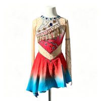 Costume de patinage artistique dégradé rouge et bleu, robe à col halter en maille à manches longues avec strass pour filles et adultes, pour compétition et performance