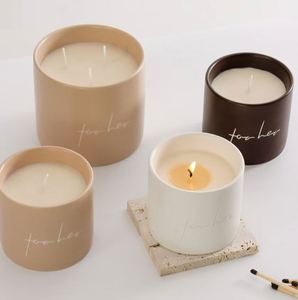 Pot à bougie cylindrique en céramique, bougie parfumée d'aromathérapie pour elle, décoration nordique pour la maison, beige, marron, blanc - Product Image 1