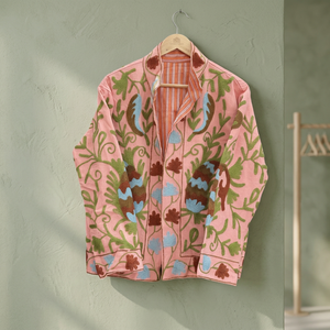 Pink Floral Embroidered Cotton <b>Blazer</b> Shawl Collar Full Sleeve Spring Women's Jacket Handmade Pattern Woven Fabric - Product Image 2