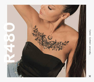 Tatuaje Temporal <span class=keywords><strong>de</strong></span> Mariposa en Flores para Mujer, Semipermanente, Negro, Henna, Resistente al Agua, Diseño para Pecho, Transferencia <span class=keywords><strong>de</strong></span> Agua - Product Image 2